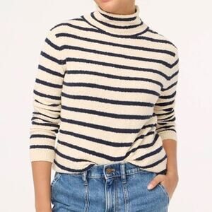 J Crew Cozy Roll Neck Pullover Sweater Women M Cream Blue Striped‎ Soft Preppy